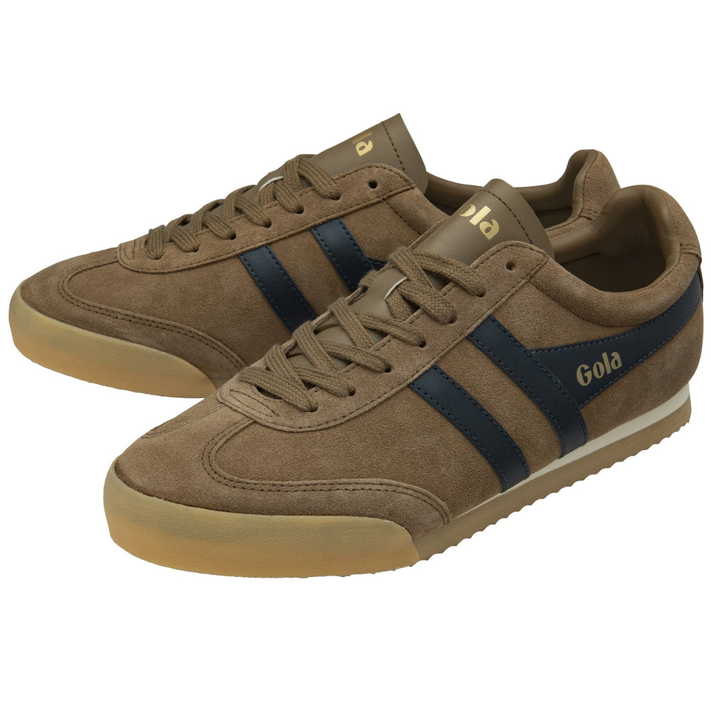 Pair of Gola Harrier suede sneakers in dark brown with two navy stripes.