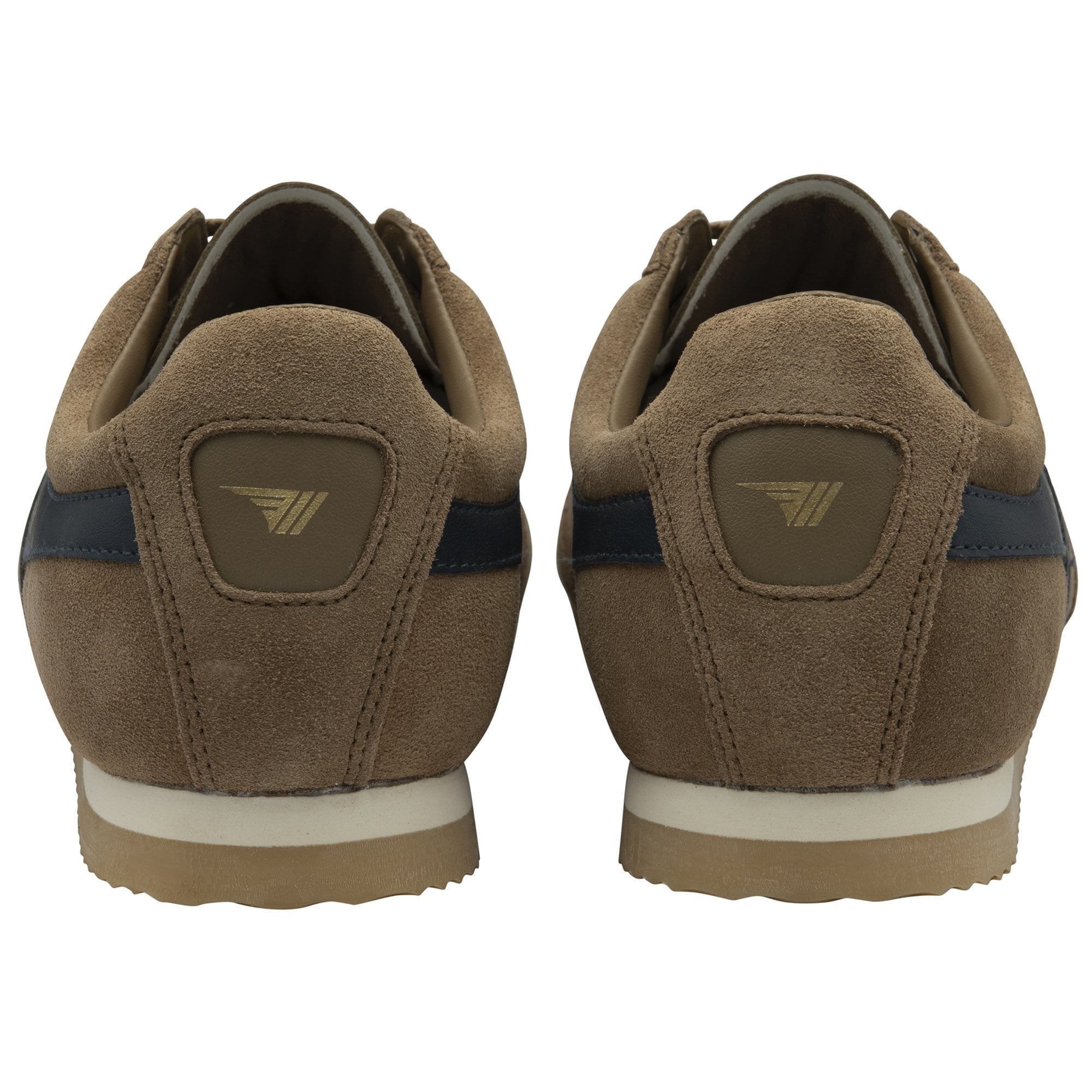 Back view of a pair of Gola Harrier suede sneakers in dark brown.