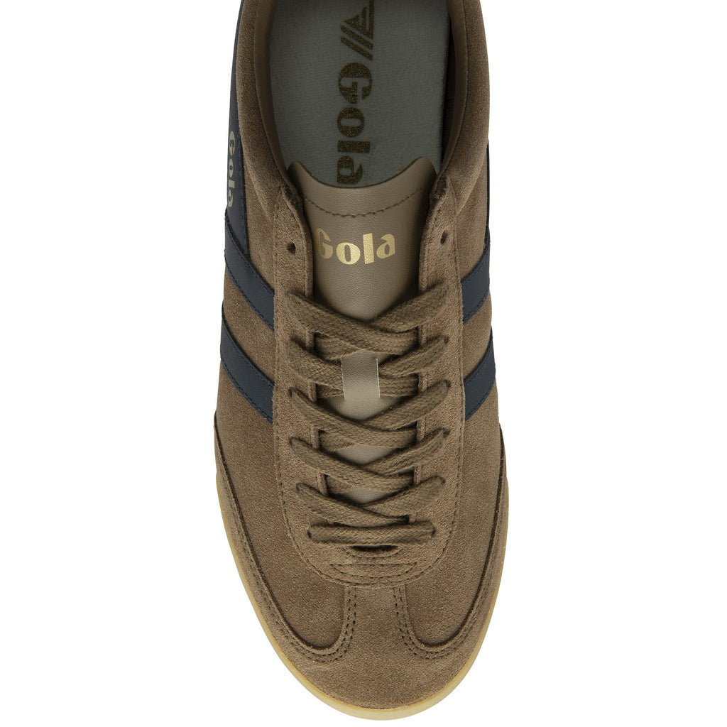 Top-down view of a Gola Harrier suede sneaker in dark brown with navy stripes.