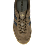Top-down view of a Gola Harrier suede sneaker in dark brown with navy stripes.