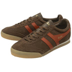Pair of brown Gola men's sneakers with orange stripes on the side.