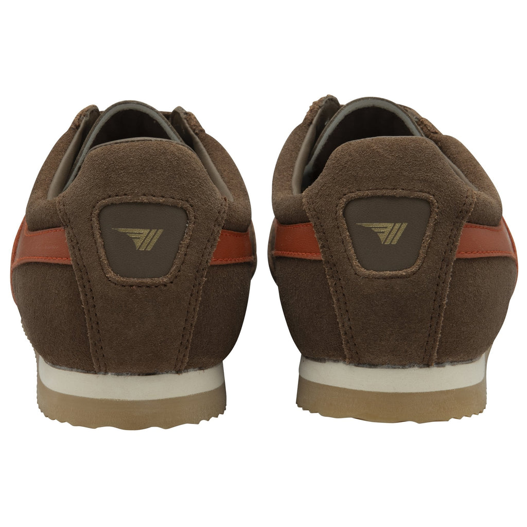 Back view of a pair of brown Gola men's sneakers.