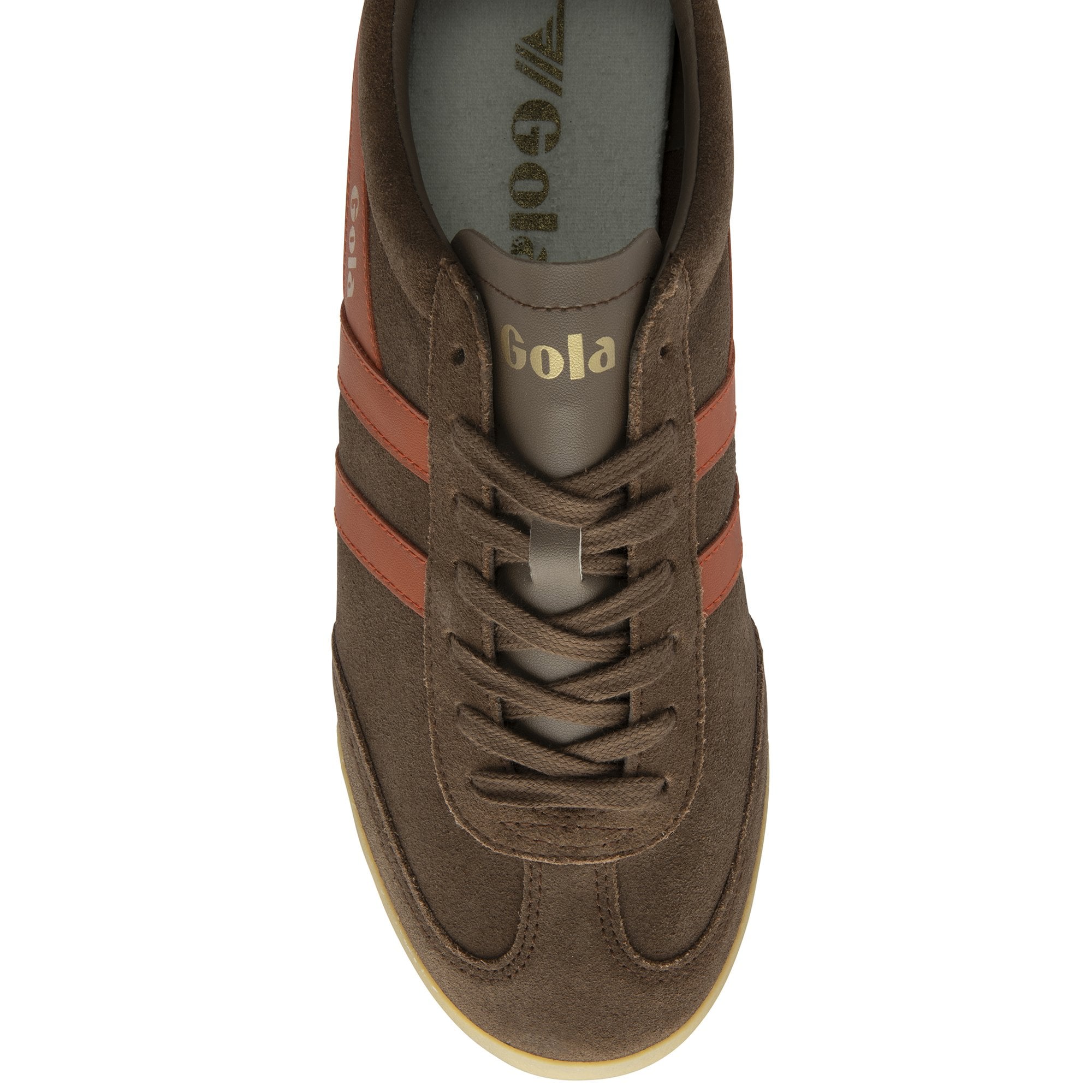 Top view of a brown Gola men's sneaker with orange stripes.