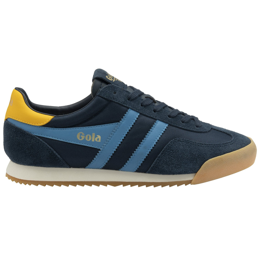 Side profile of a Gola men's sneaker in navy and light blue with a yellow accent.
