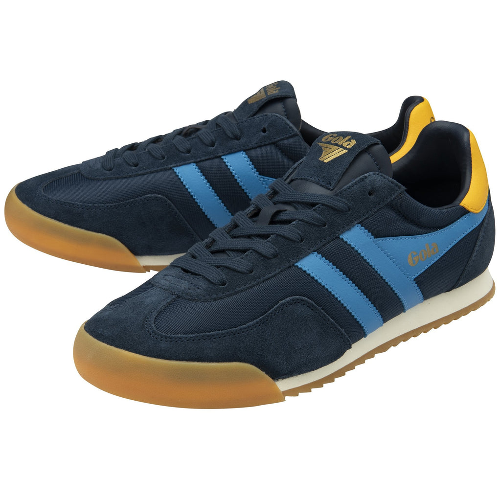 Pair of Gola men's sneakers in navy and light blue with a yellow accent.
