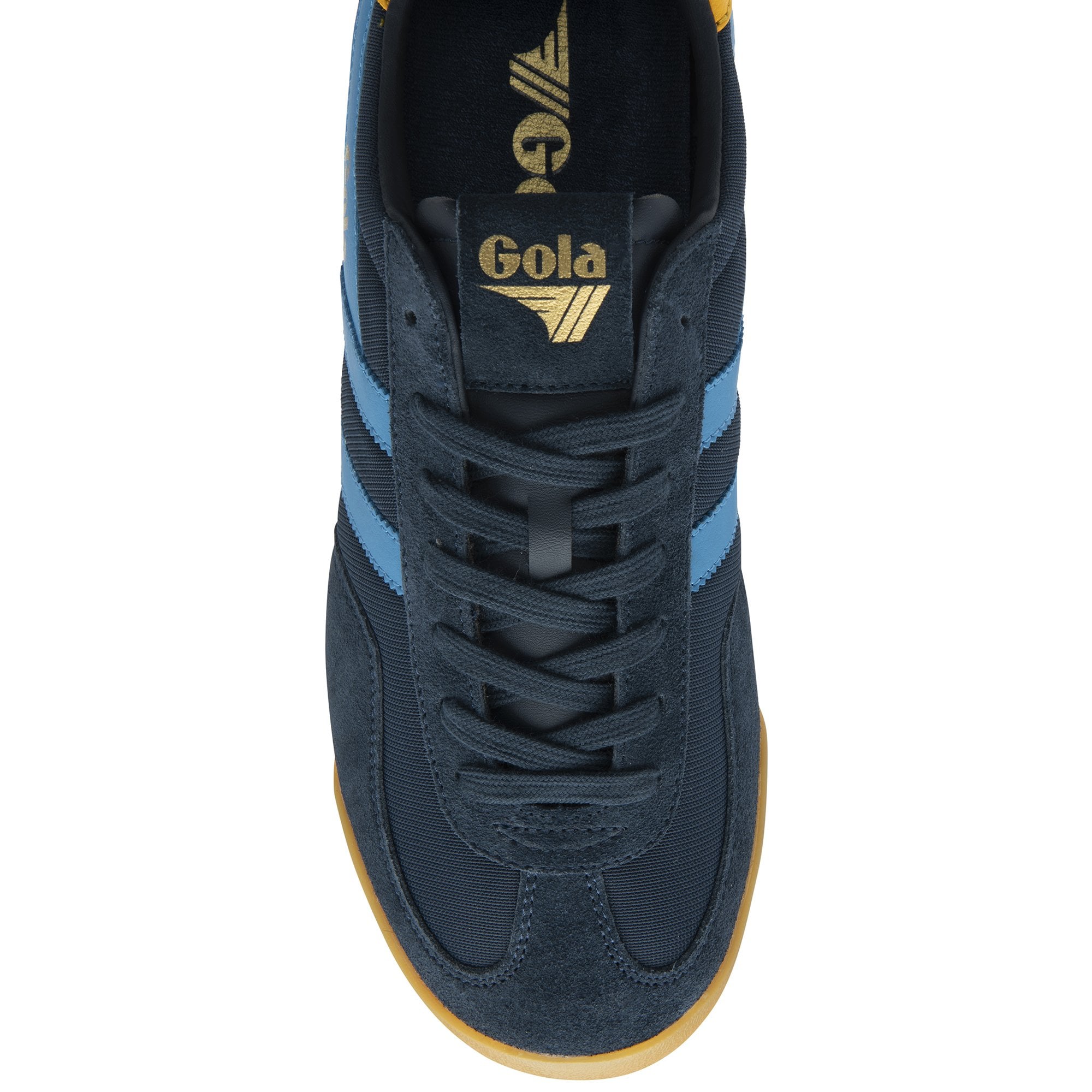 Top-down view of a single Gola men's sneaker in navy with blue stripes.