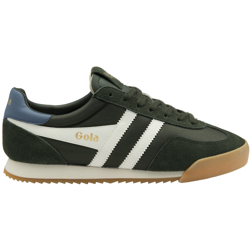 A single dark green Gola Harrier trainer with white stripes on the side.