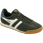 A dark green Gola Harrier trainer with white stripes and a brown sole.