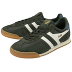 A pair of dark green Gola Harrier trainers with white stripes.
