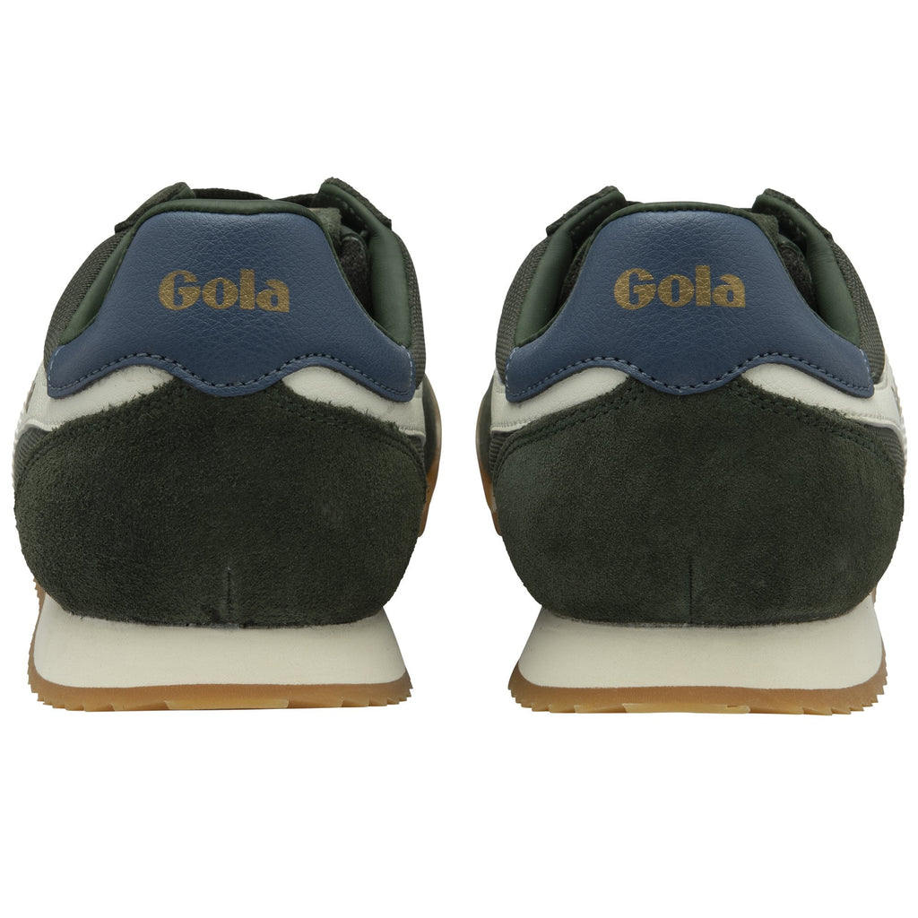 The back view of a pair of dark green Gola Harrier trainers.