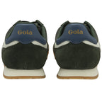 The back view of a pair of dark green Gola Harrier trainers.