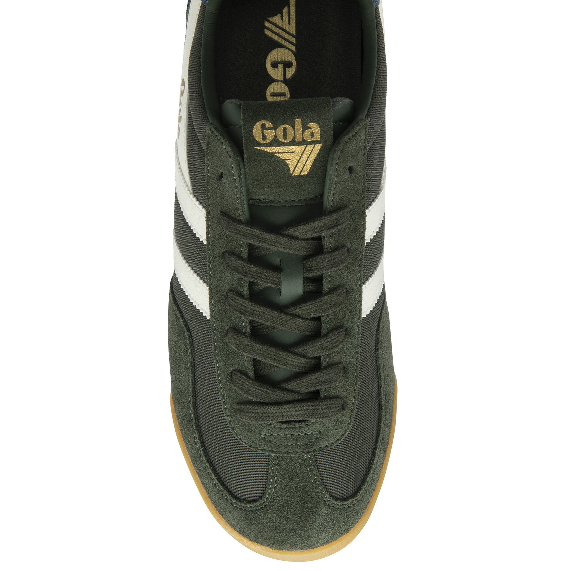 The top-down view of a dark green Gola Harrier trainer.