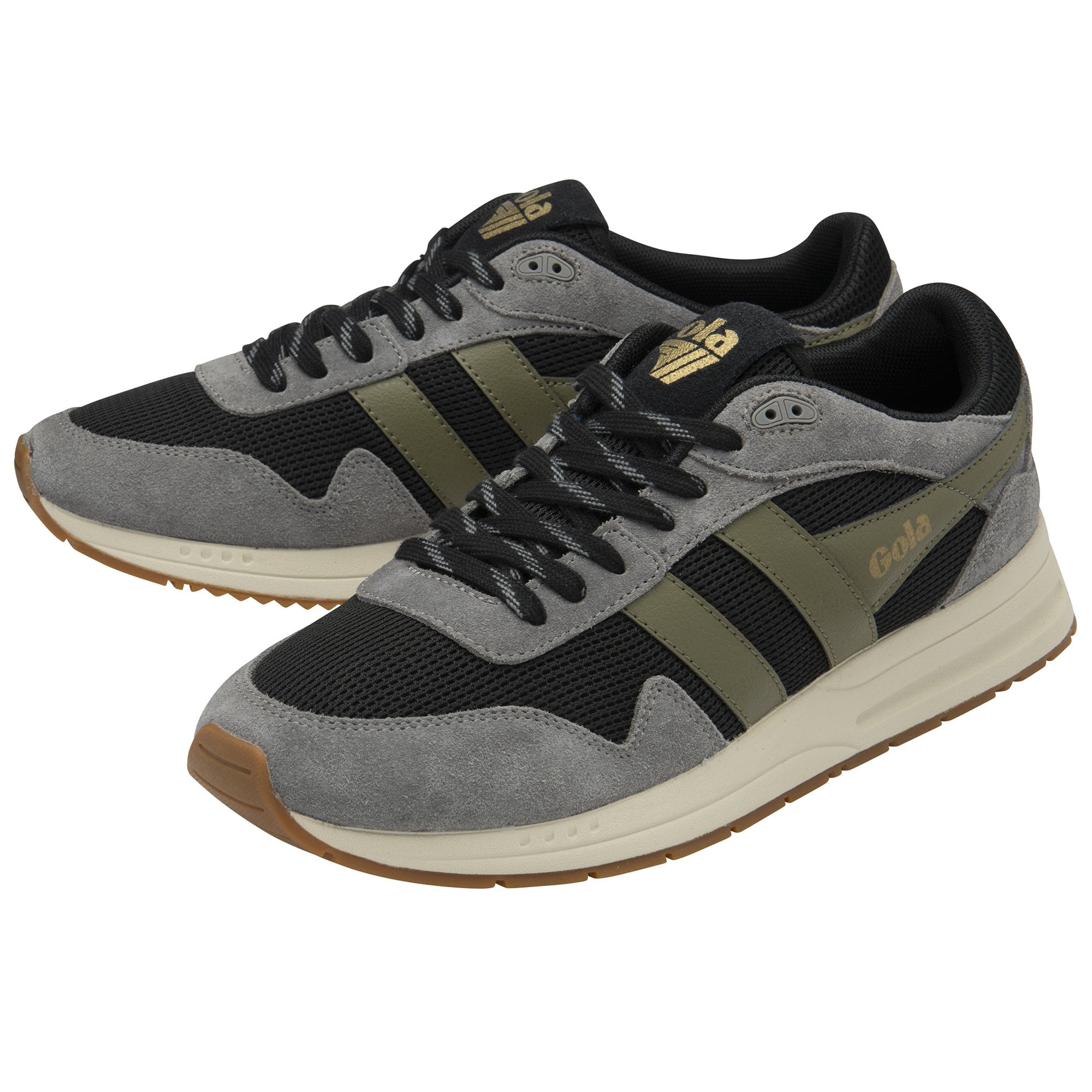 Angled view of two Gola men's shoes in black, gray, and olive.