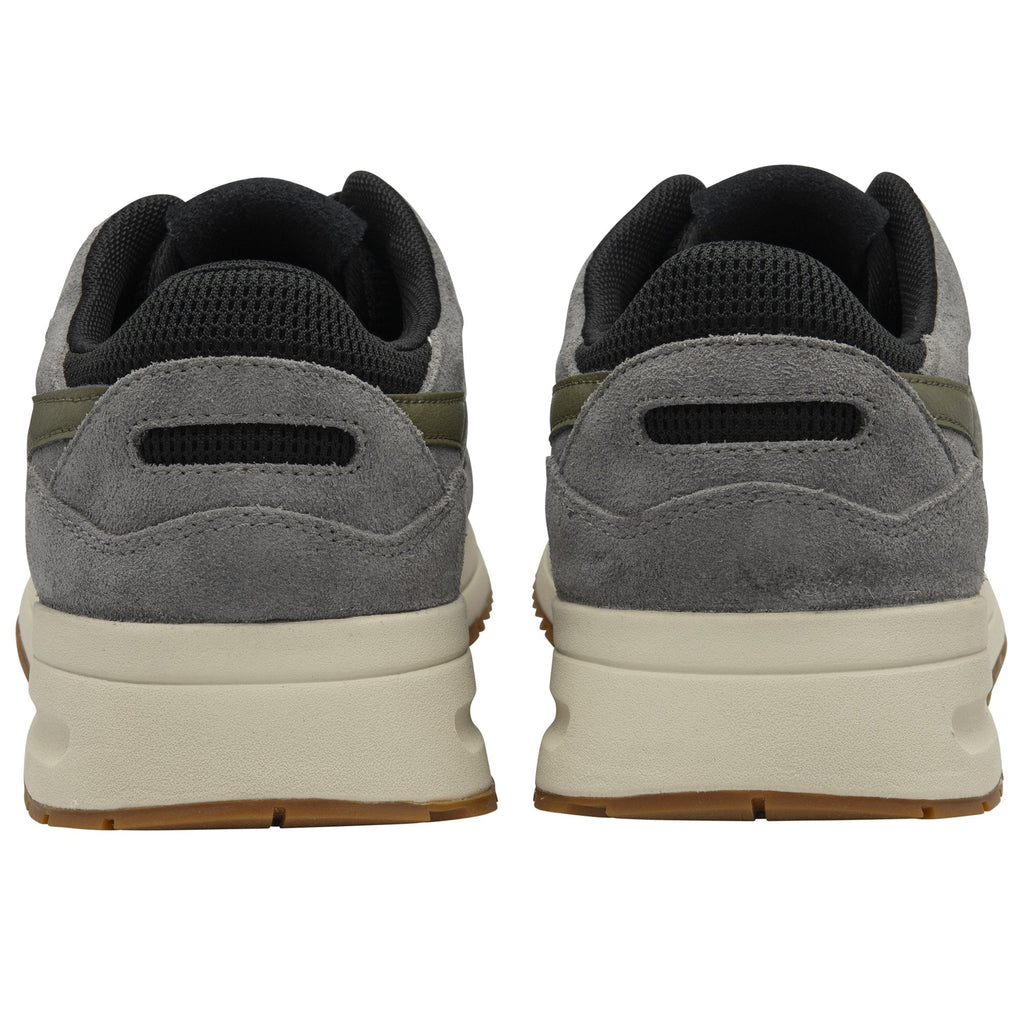 Rear view of two Gola men's shoes in black, gray, and olive.