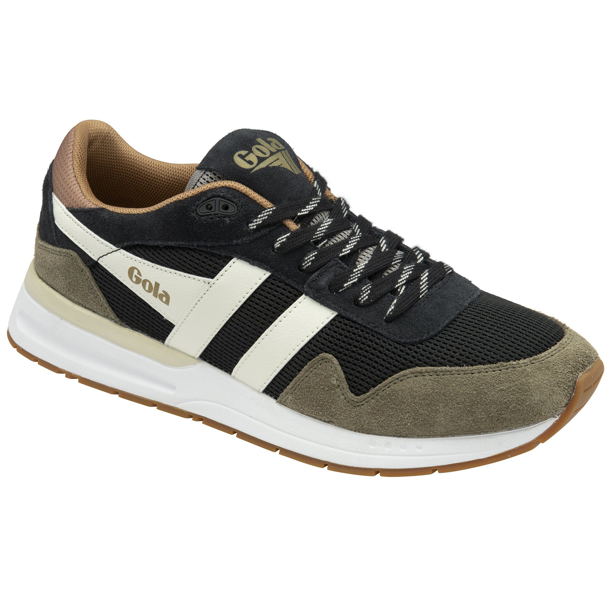 A black, white, brown, and olive green Gola men's sneaker from a slight angle.