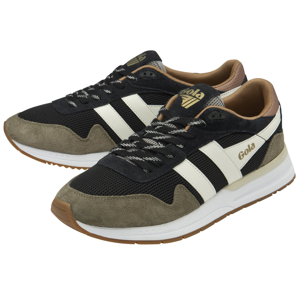 Two Gola men's sneakers in black, white, brown, and olive green, angled.