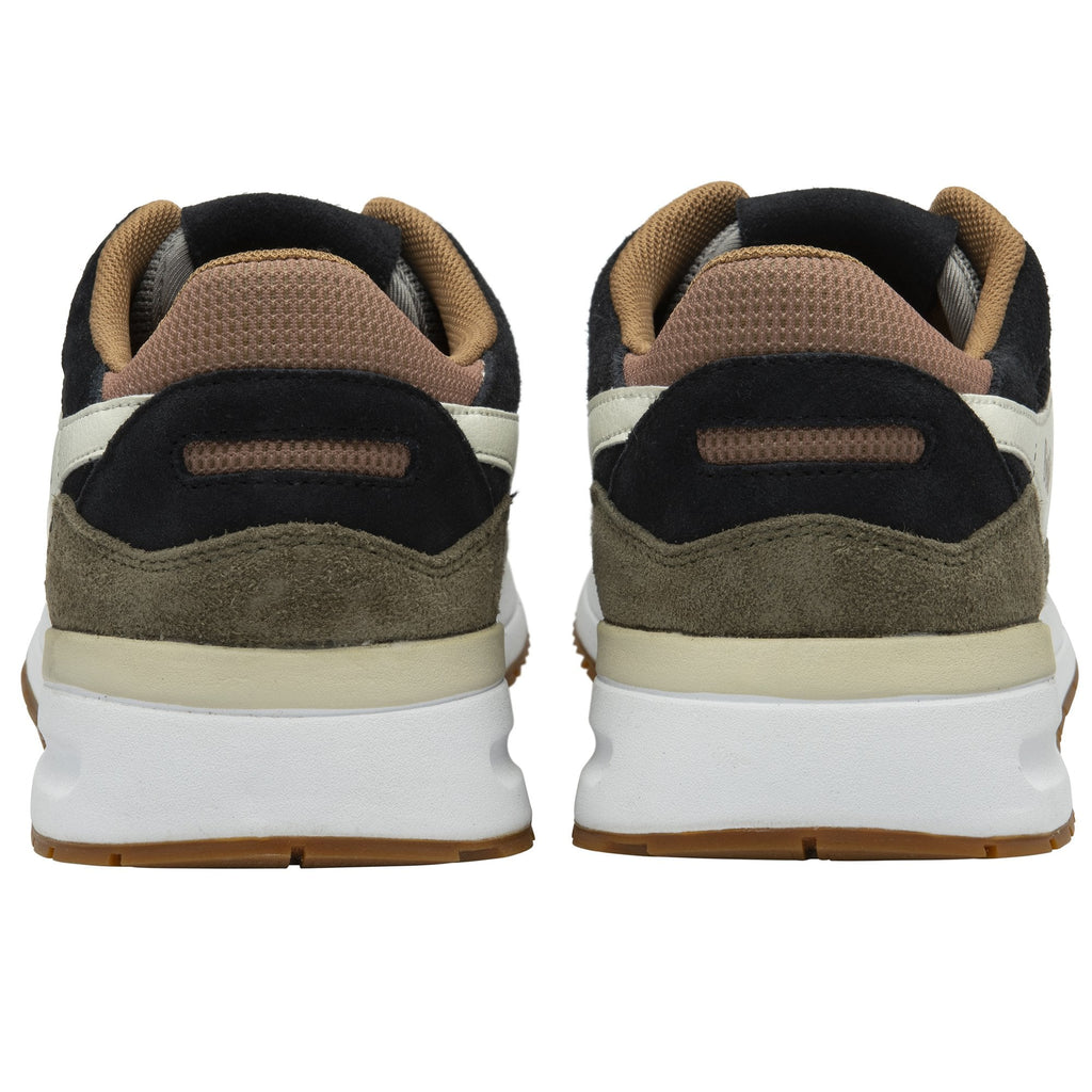 Rear view of two Gola men's sneakers in black, white, brown, and olive green.