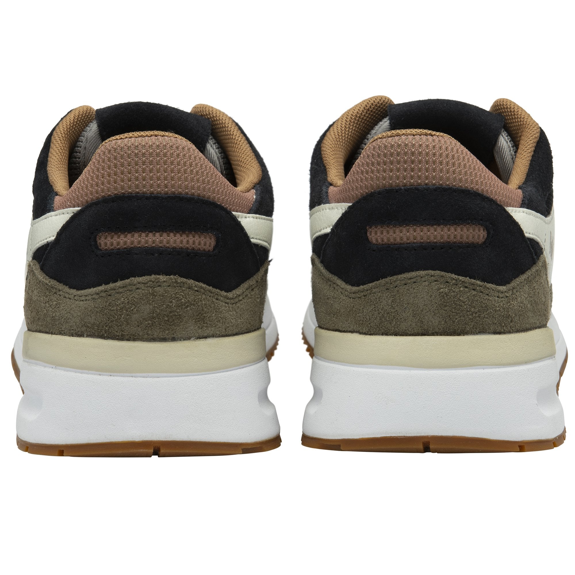 Rear view of two Gola men's sneakers in black, white, brown, and olive green.