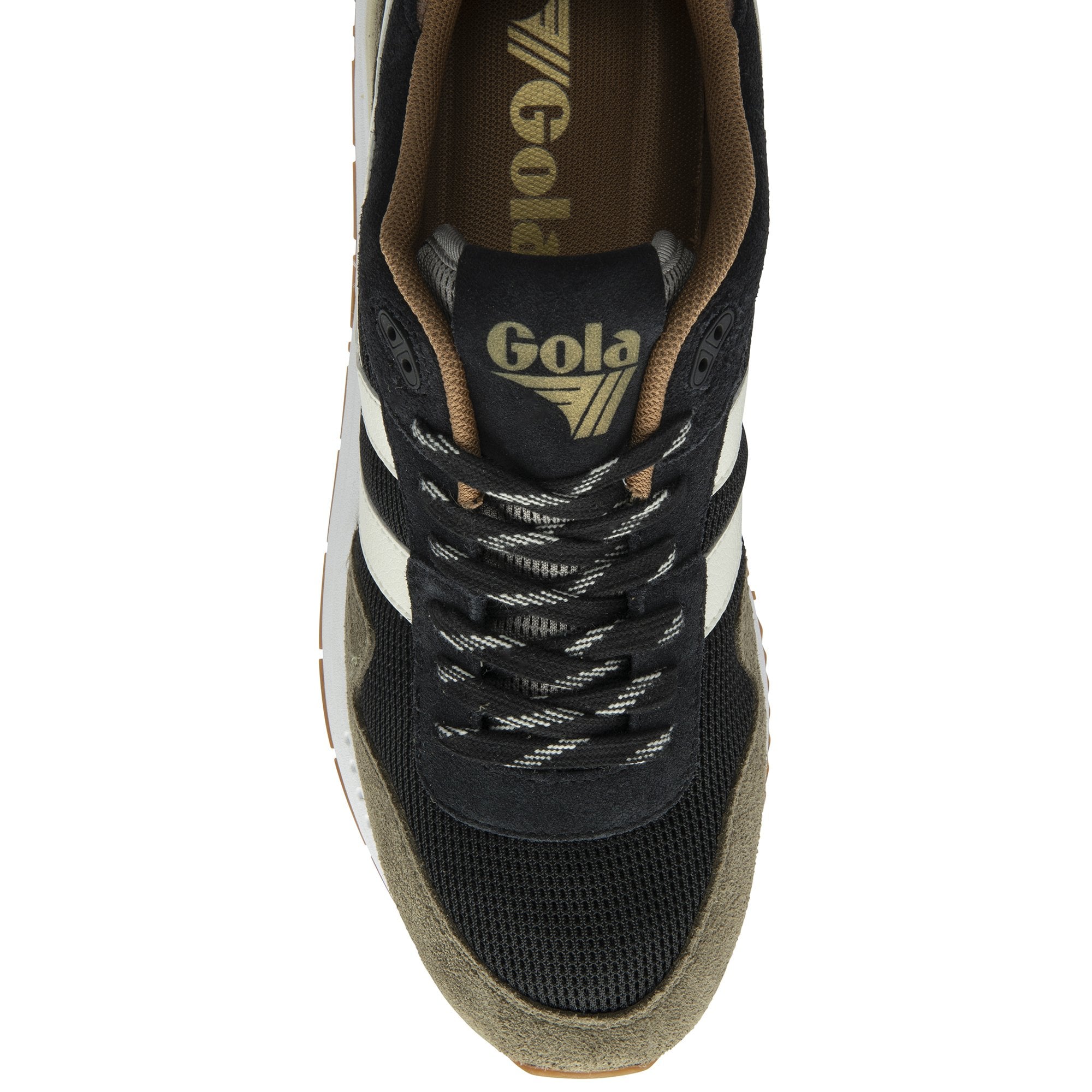 Top-down view of a single Gola men's sneaker, black with white stripes and brown accents.