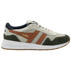 Side profile of a Gola men's sneaker in natural, dark green, and deep orange.