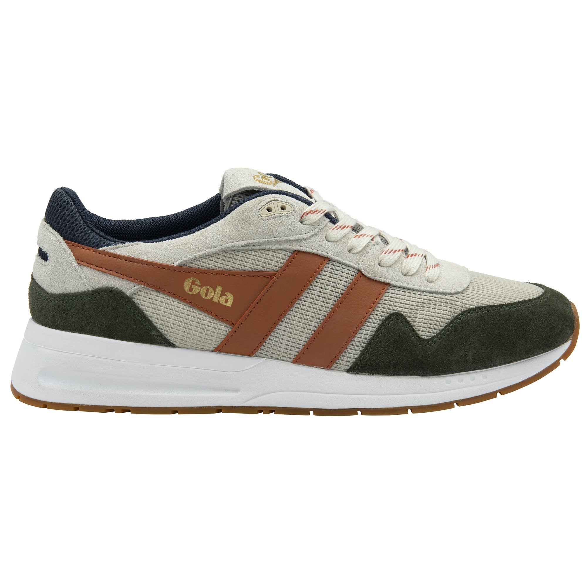 Side profile of a Gola men's sneaker in natural, dark green, and deep orange.