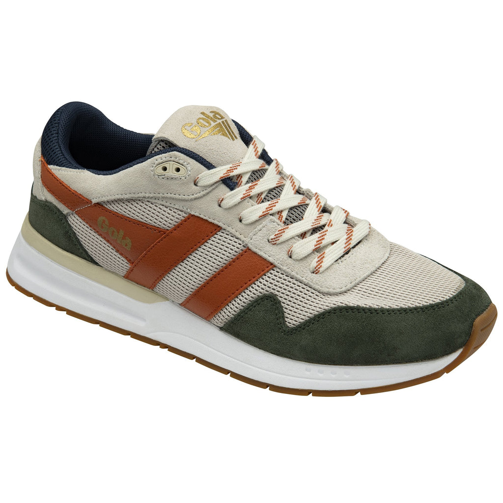 Angled view of a Gola men's sneaker in natural, dark green, and deep orange.