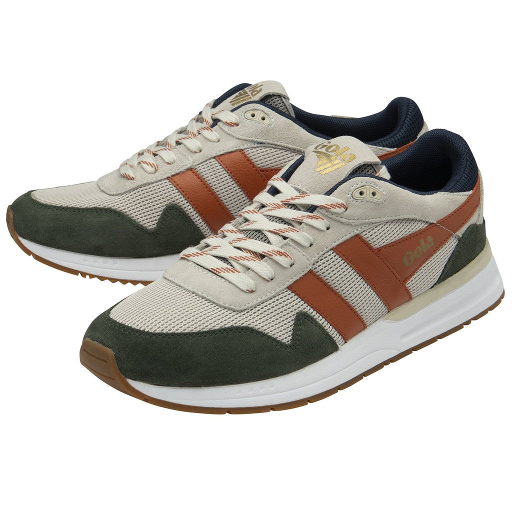 Pair of Gola men's sneakers in natural, dark green, and deep orange.