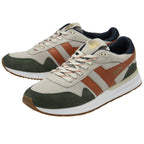 Pair of Gola men's sneakers in natural, dark green, and deep orange.