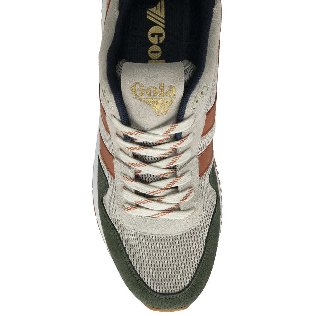 Top view of a Gola men's sneaker in natural, dark green, and deep orange.