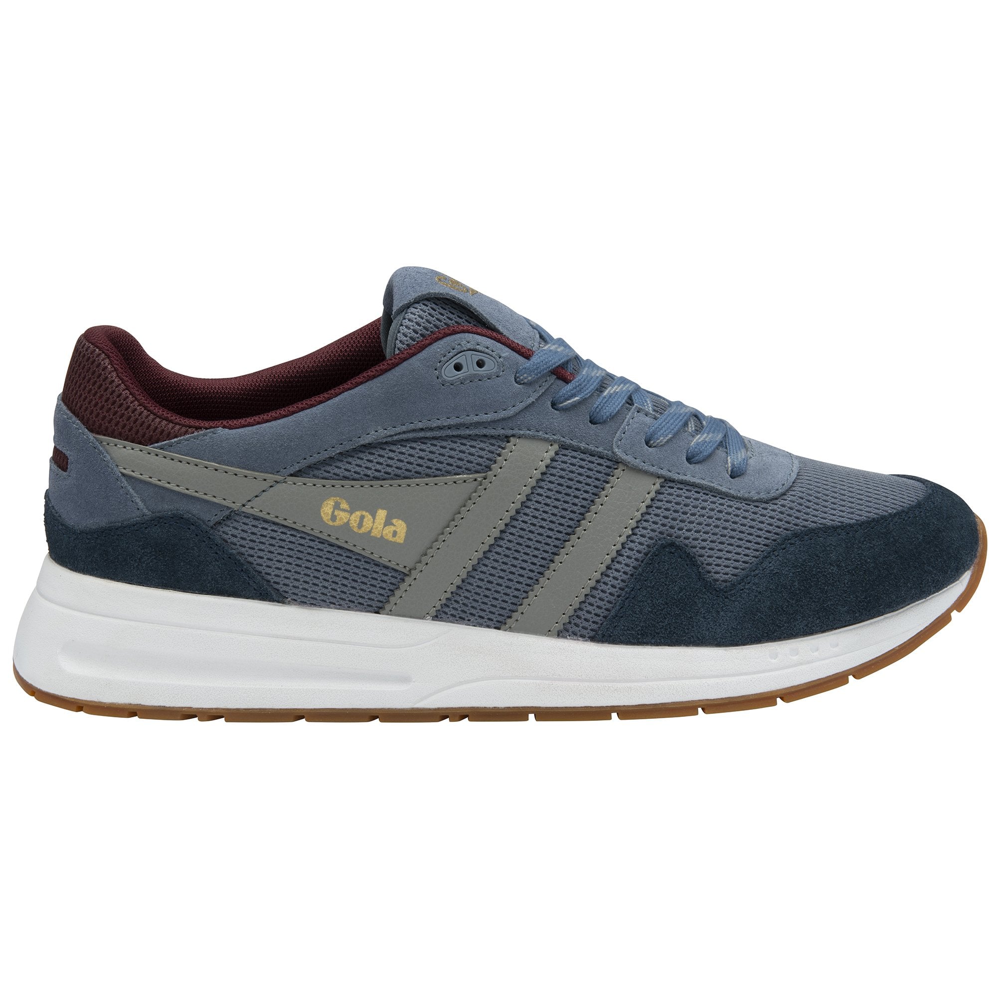 Side profile of a Gola men's sneaker in navy, slate, and burgundy with a white sole.