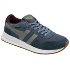 Angled side view of a Gola men's sneaker in navy, slate, and burgundy with a white sole.