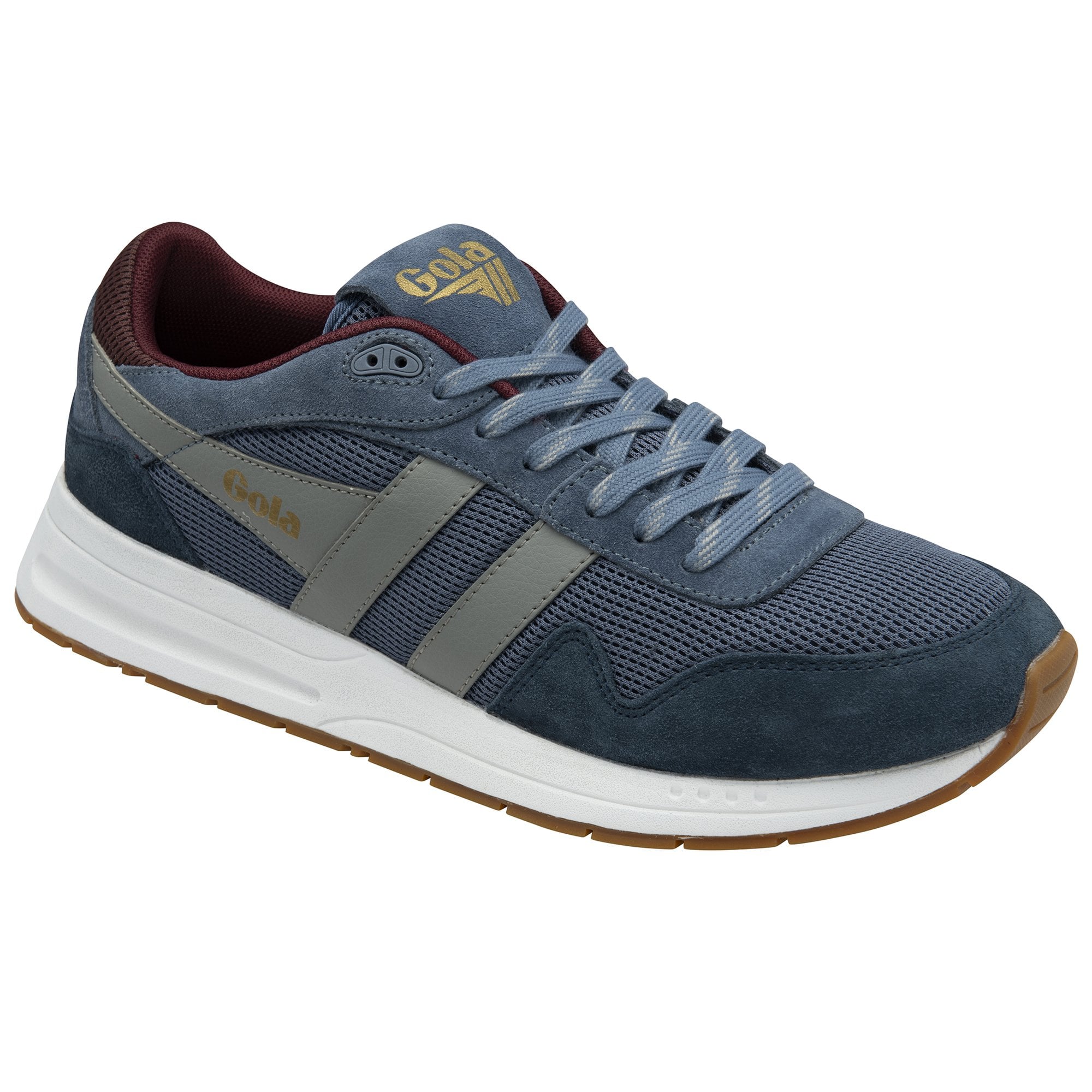 Angled side view of a Gola men's sneaker in navy, slate, and burgundy with a white sole.