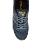 Top down view of a single Gola men's sneaker in navy, slate, and burgundy.