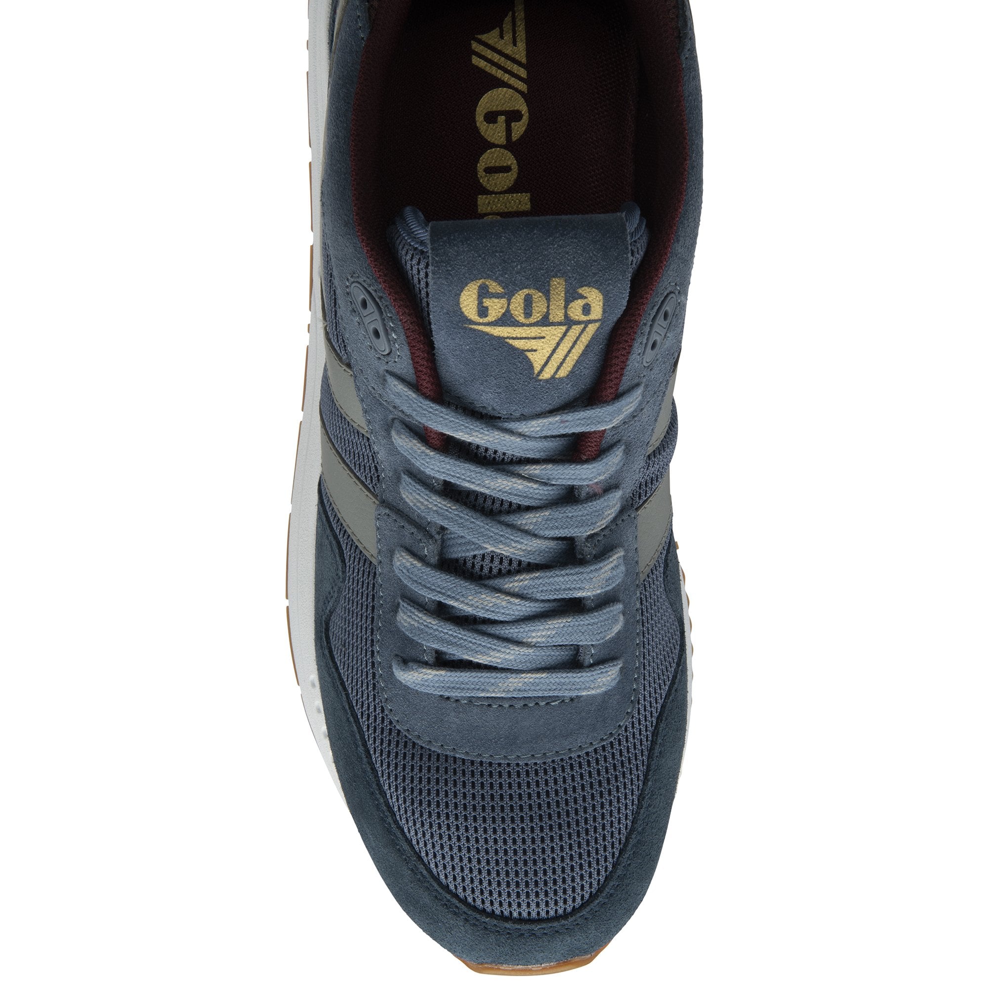 Top down view of a single Gola men's sneaker in navy, slate, and burgundy.