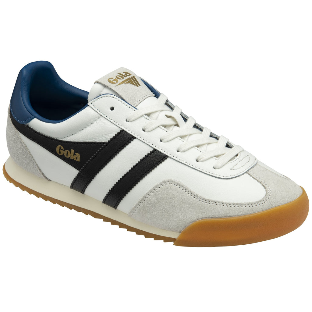 A left white and grey Gola men's sneaker with black stripes and a gum sole.