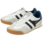 A pair of white and grey Gola men's sneakers with black stripes and gum soles.