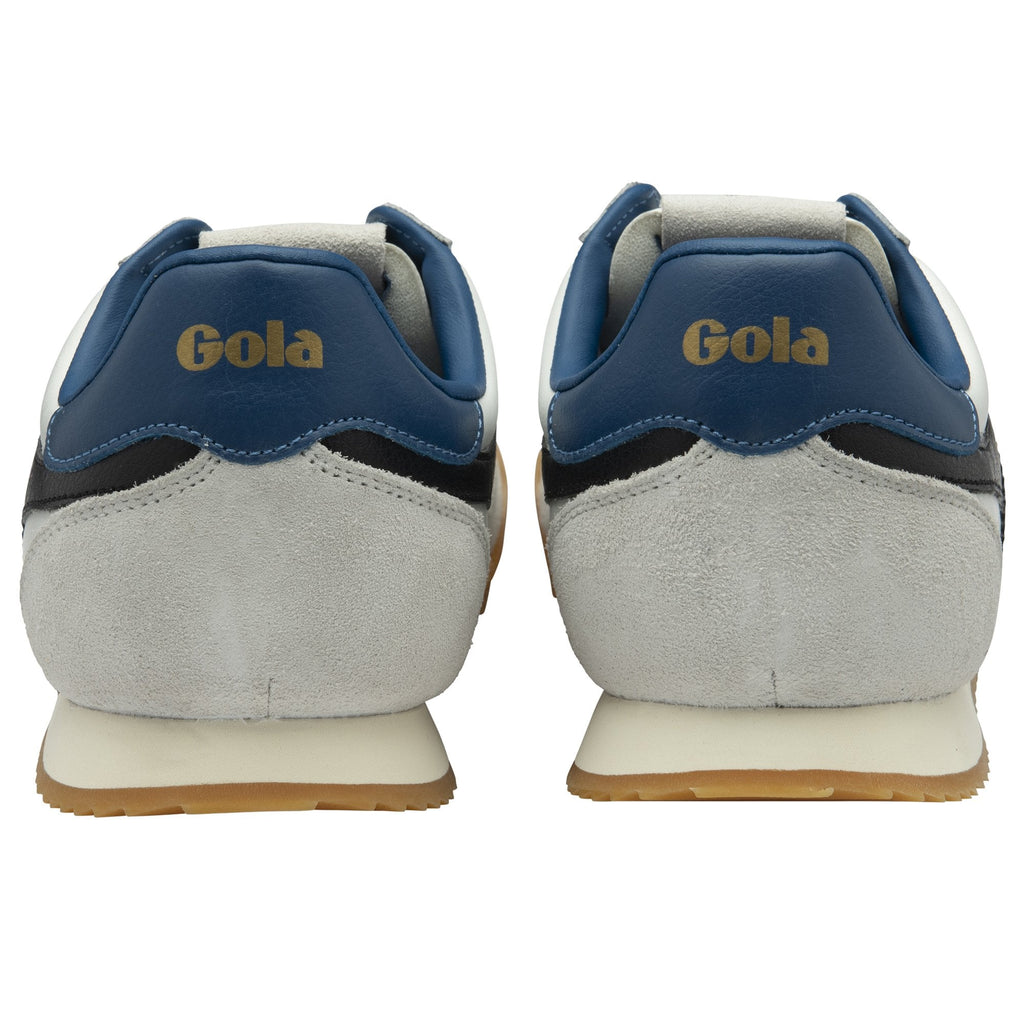 Rear view of white and grey Gola men's sneakers with blue heels and gold logos.