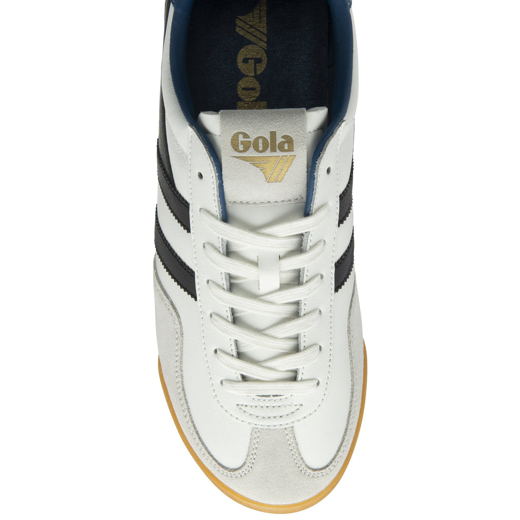 Top down view of a white and grey Gola men's sneaker with black stripes.