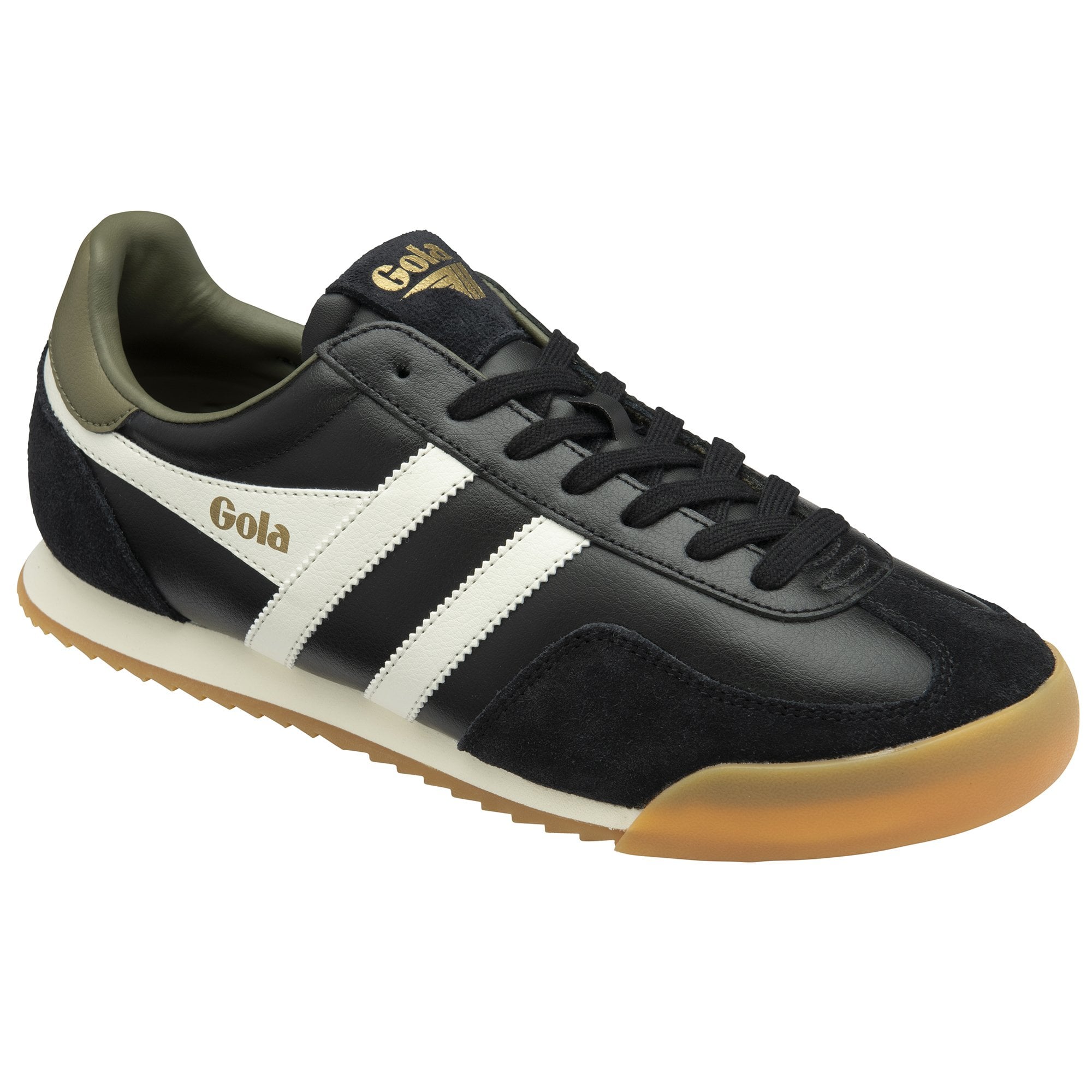 A black Gola men's sneaker with white stripes, a white sole, and a gum-colored toe.