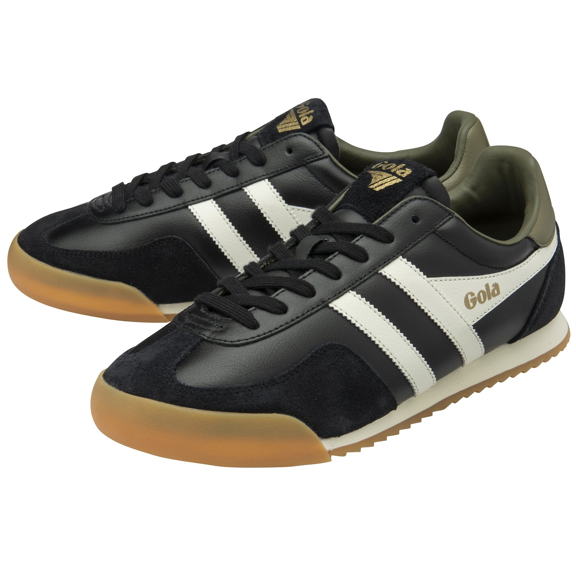 A pair of black Gola men's sneakers with white stripes, white soles, and gum-colored toes.