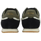 The back of a pair of black Gola men's sneakers with white accents and green collars.