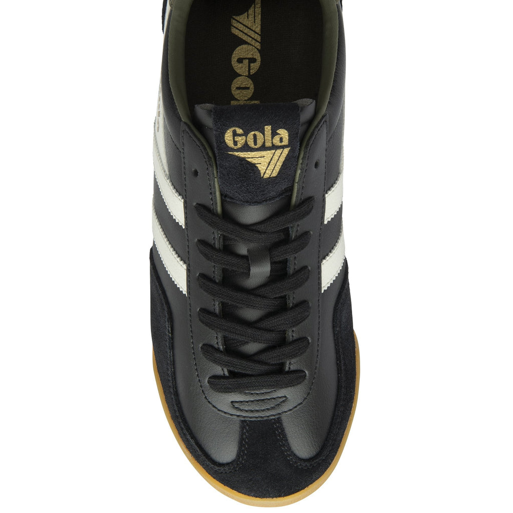 The top-down view of a black Gola men's sneaker with white stripes and black laces.