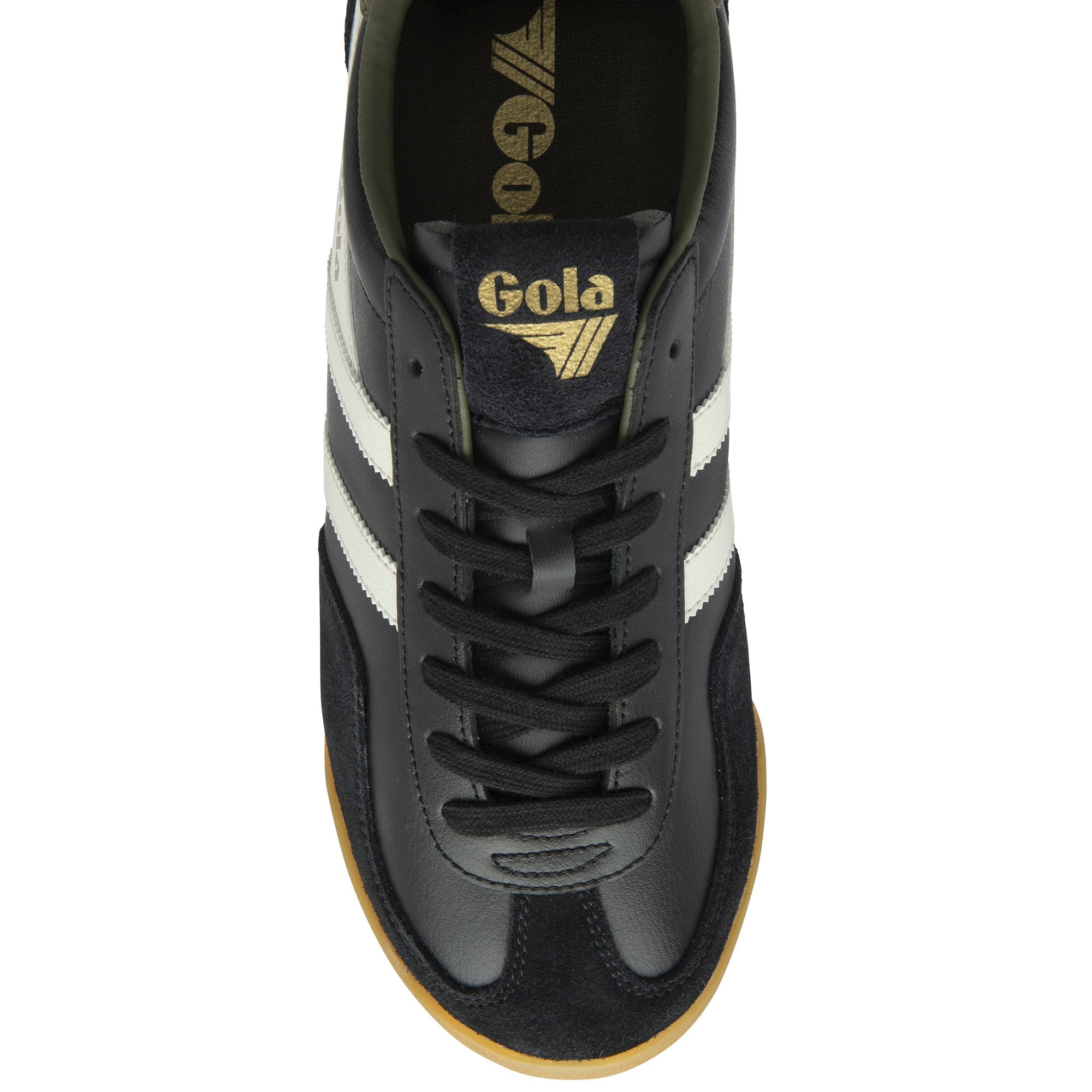 The top-down view of a black Gola men's sneaker with white stripes and black laces.