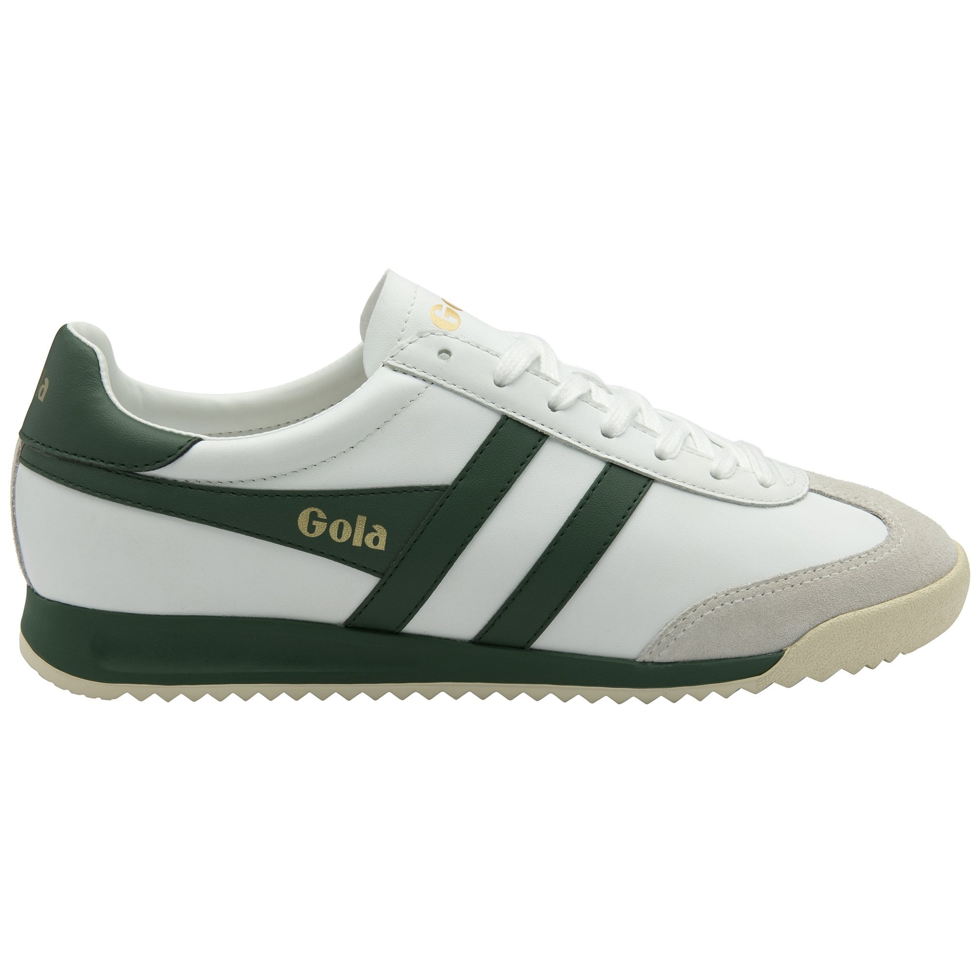Side profile of a white Gola sneaker with green stripes and a light grey toe.