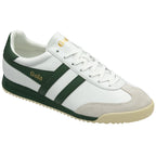 Angled side view of a white Gola sneaker with green stripes and a light grey toe.