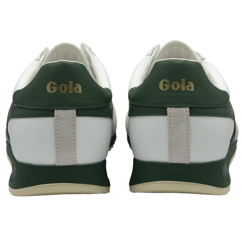 Rear view of two white and green Gola sneakers.