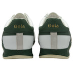 Rear view of two white and green Gola sneakers.
