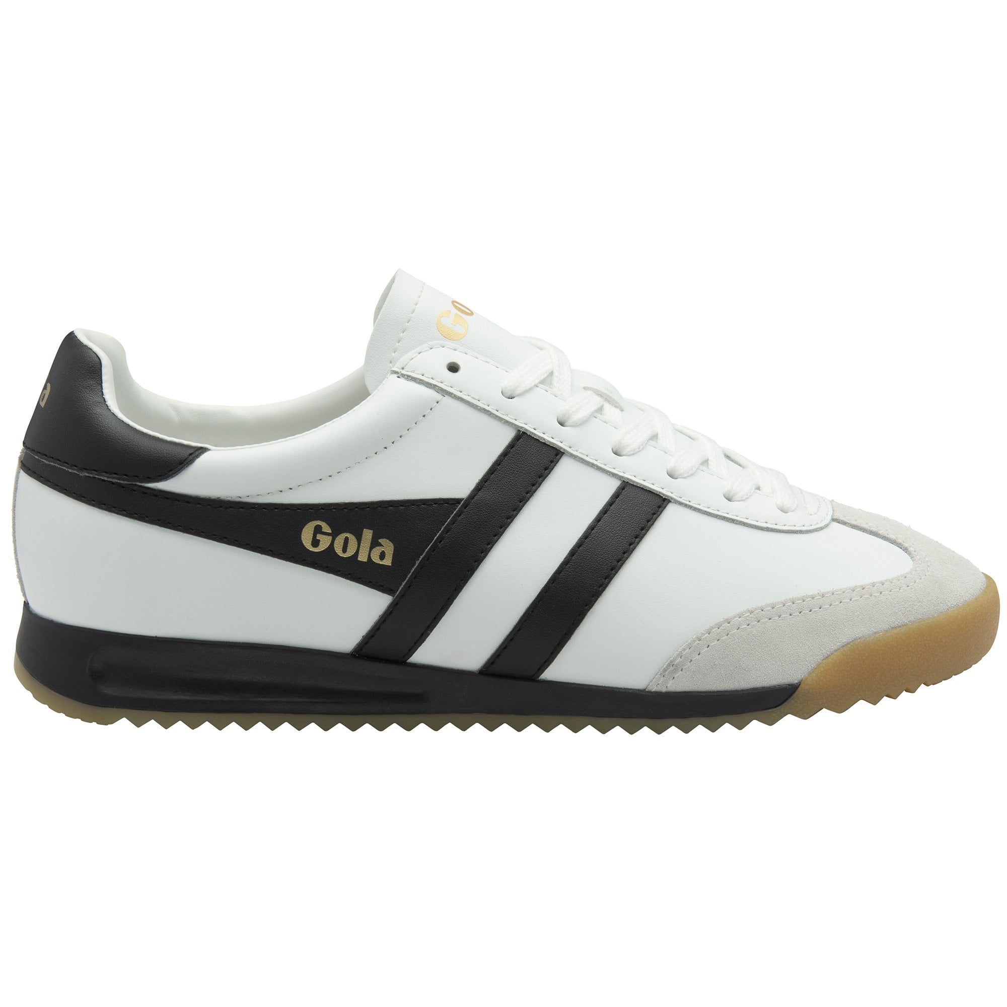 Side profile of a Gola Harrier trainer in white with black stripes and a gum sole.