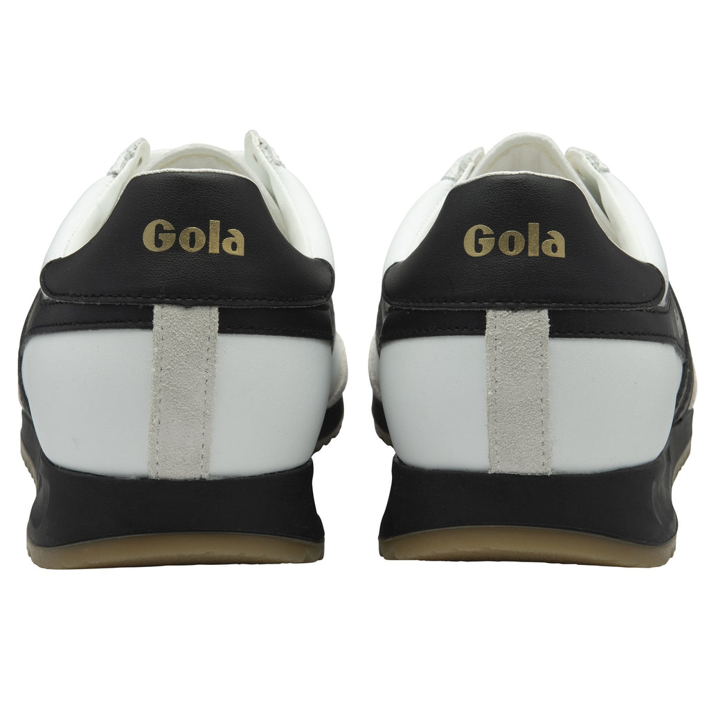 Rear view of two Gola Harrier trainers showing the Gola logo on the heel.