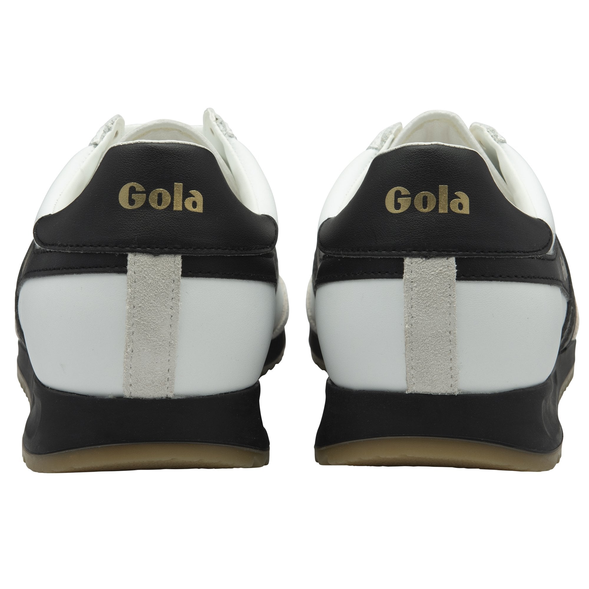 Rear view of two Gola Harrier trainers showing the Gola logo on the heel.